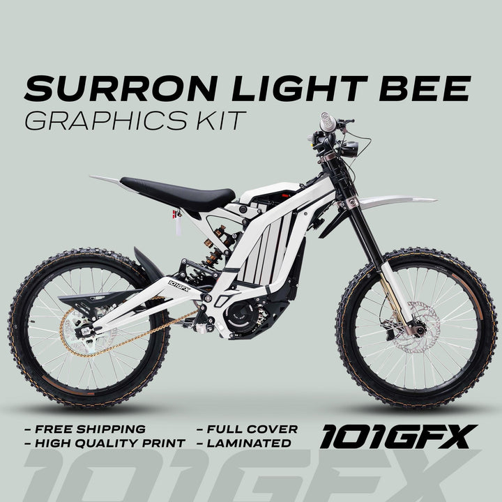 Surron Light Bee X Graphics Kit MONO COLOR White displayed on a bike, highlighting full-cover graphics, free shipping, high-quality print, and laminated durability.