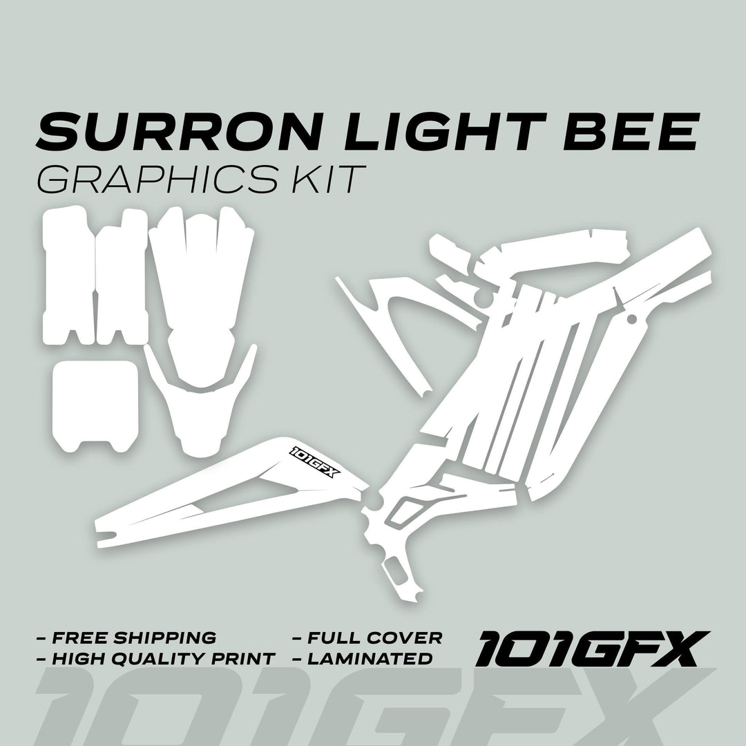 Surron Light Bee X Graphics Kit MONO COLOR White, featuring pre-cut white vinyl shapes for full bike coverage, with highlights like free shipping and high-quality print.
