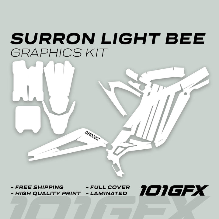 Surron Light Bee X Graphics Kit MONO COLOR White, featuring pre-cut white vinyl shapes for full bike coverage, with highlights like free shipping and high-quality print.