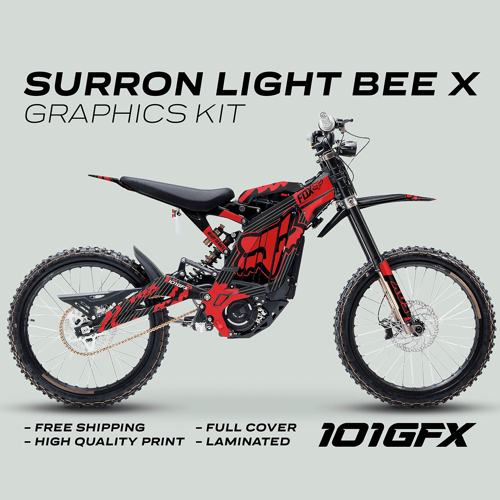 Sur-Ron Light Bee X Graphics Kit FOX STRIPES BLACK Red on bike, showcasing a red-and-black Fox-style wrap with overlay text highlighting features like free shipping and high quality.