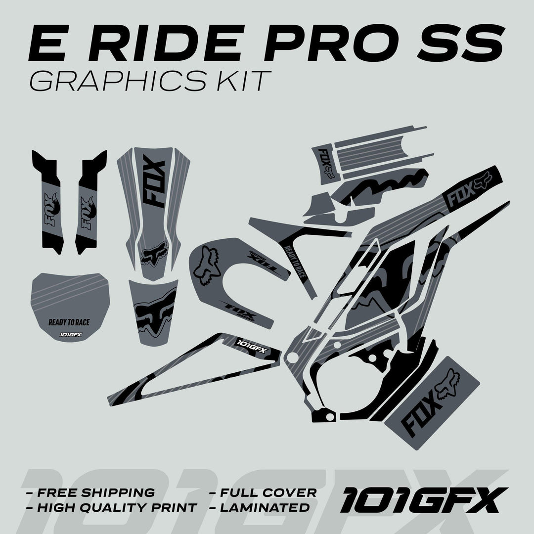 E Ride Pro SS Graphics Kit FOX R Stripes Grey Black