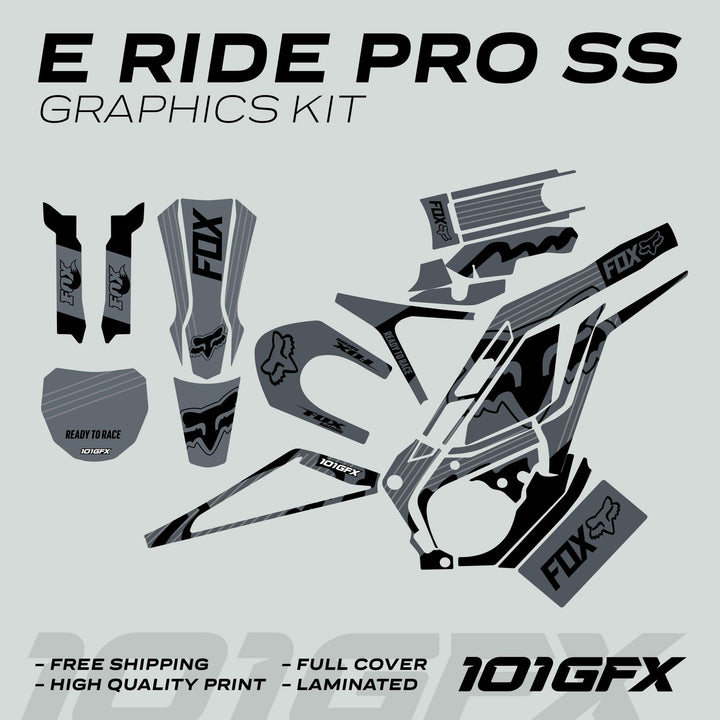 E Ride Pro SS Graphics Kit FOX R Stripes Grey Black