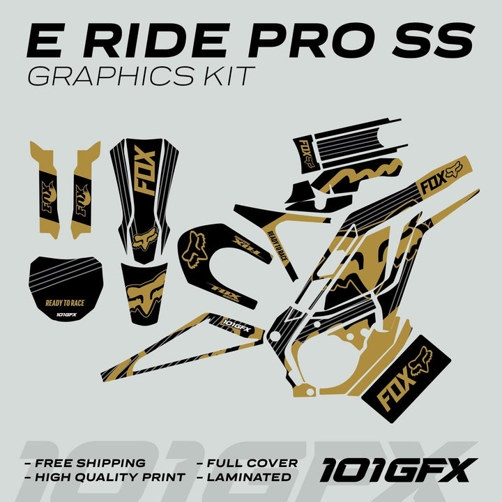 E Ride Pro SS Graphics Kit FOX R Stripes Black Gold