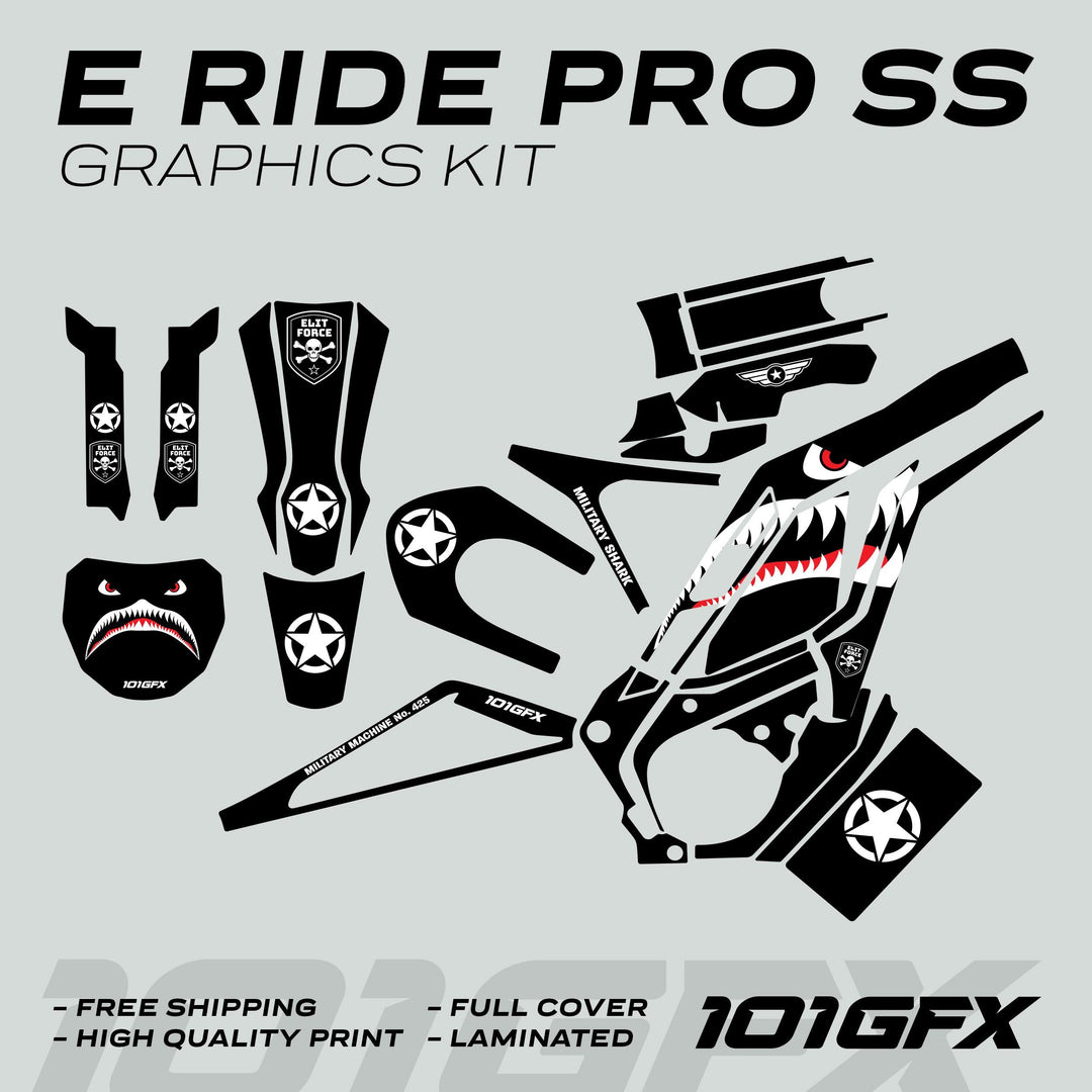 E Ride Pro SS Graphics Kit MILITARY SHARK Black Decals Stickers Laminated ERide Pro S ss eBike Emoto e-ride Camouflage