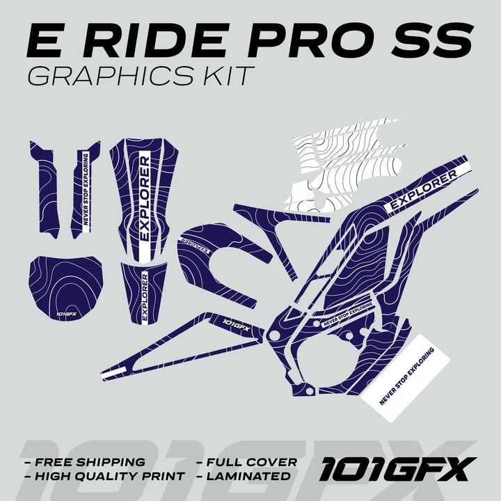 E Ride Pro SS Graphics Kit EXPLORER Navy White Decals Stickers Laminated ERide Pro S ss eBike Emoto e-ride