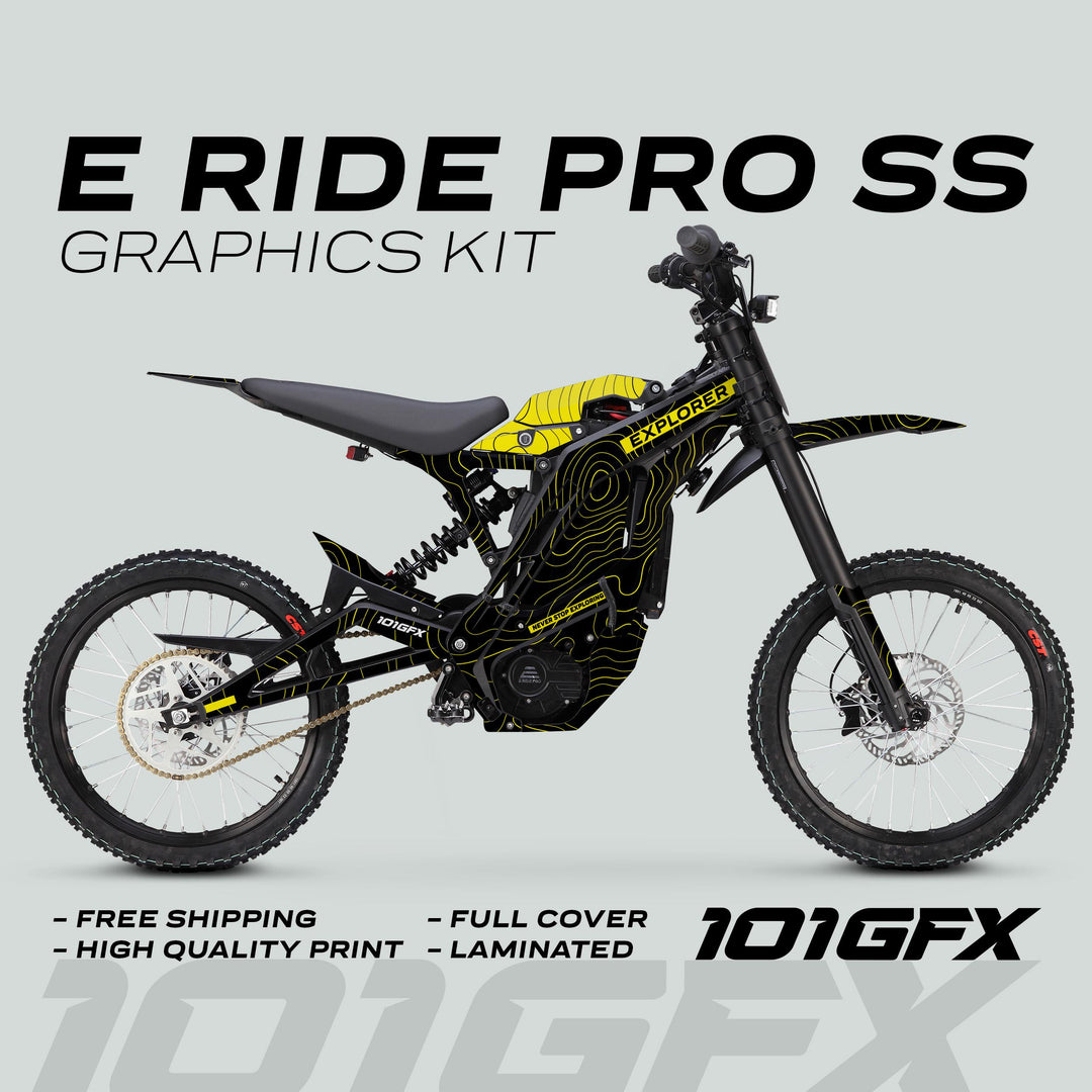 E Ride Pro SS Graphics Kit EXPLORER Black Yellow Decals Stickers Laminated ERide Pro S ss eBike Emoto e-ride