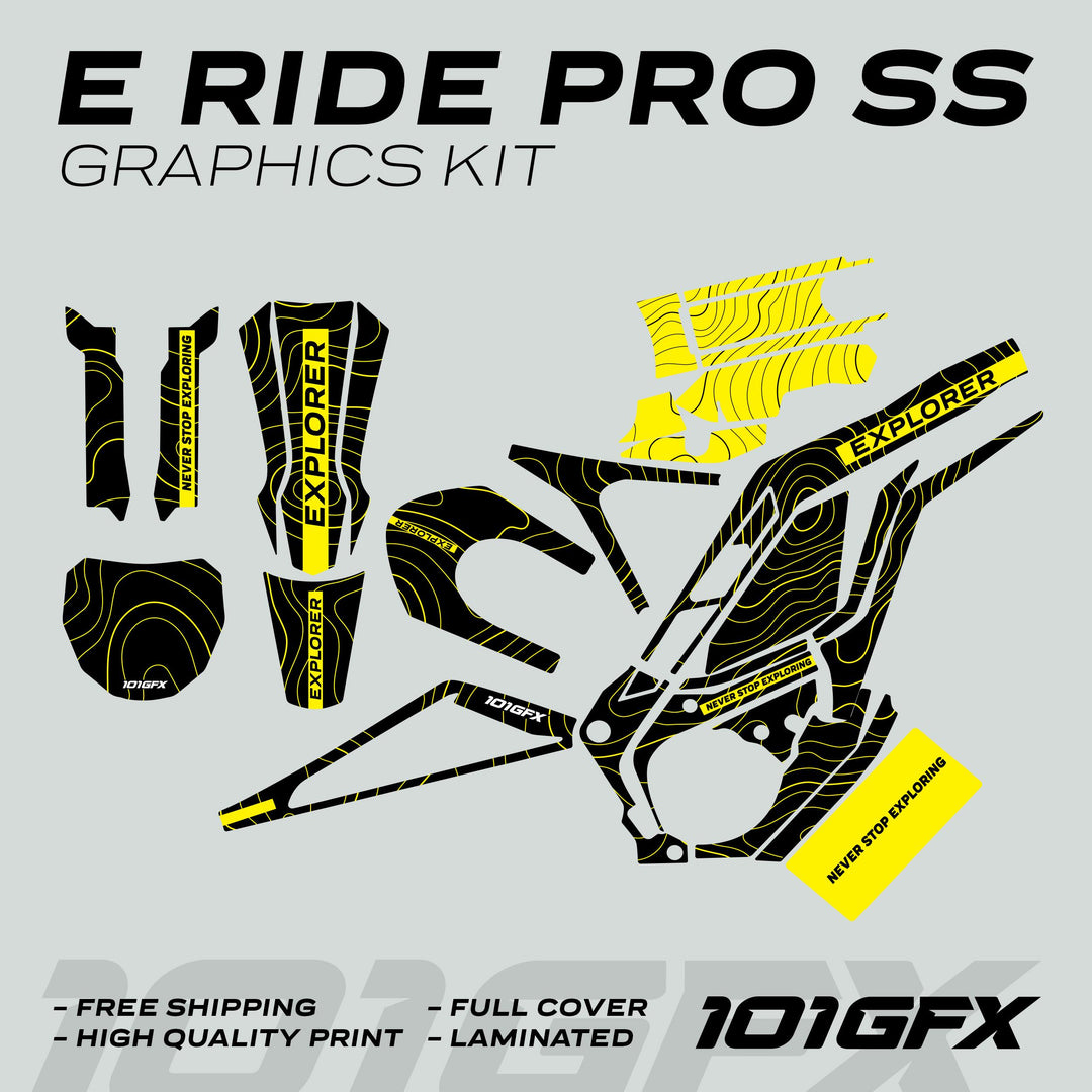 E Ride Pro SS Graphics Kit EXPLORER Black Yellow Decals Stickers Laminated ERide Pro S ss eBike Emoto e-ride