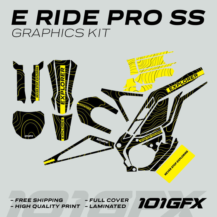E Ride Pro SS Graphics Kit EXPLORER Black Yellow Decals Stickers Laminated ERide Pro S ss eBike Emoto e-ride