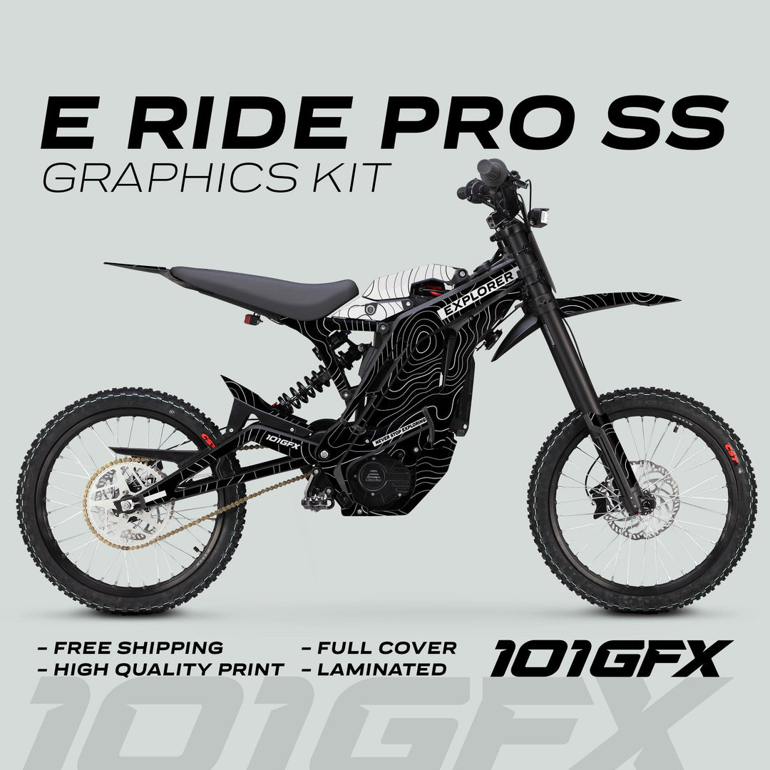 E Ride Pro SS Graphics Kit EXPLORER Black White Decals Stickers Laminated ERide Pro S ss eBike Emoto e-ride