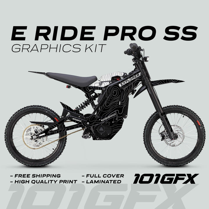 E Ride Pro SS Graphics Kit EXPLORER Black White Decals Stickers Laminated ERide Pro S ss eBike Emoto e-ride