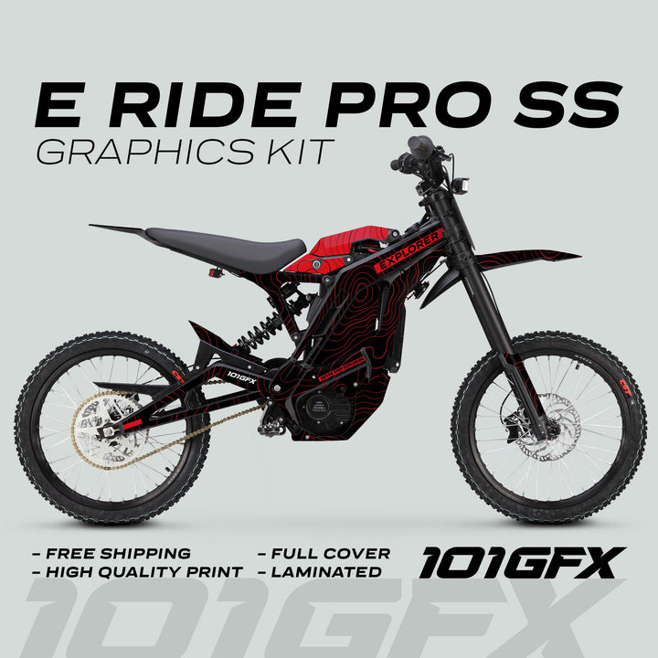 E Ride Pro SS Graphics Kit EXPLORER Black Red Decals Stickers Laminated ERide Pro S ss eBike Emoto e-ride