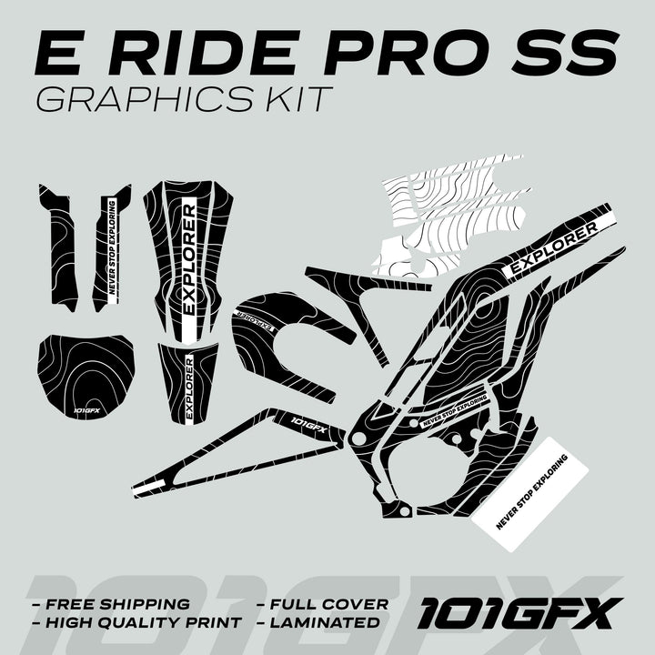 E Ride Pro SS Graphics Kit EXPLORER Black White Decals Stickers Laminated ERide Pro S ss eBike Emoto e-ride