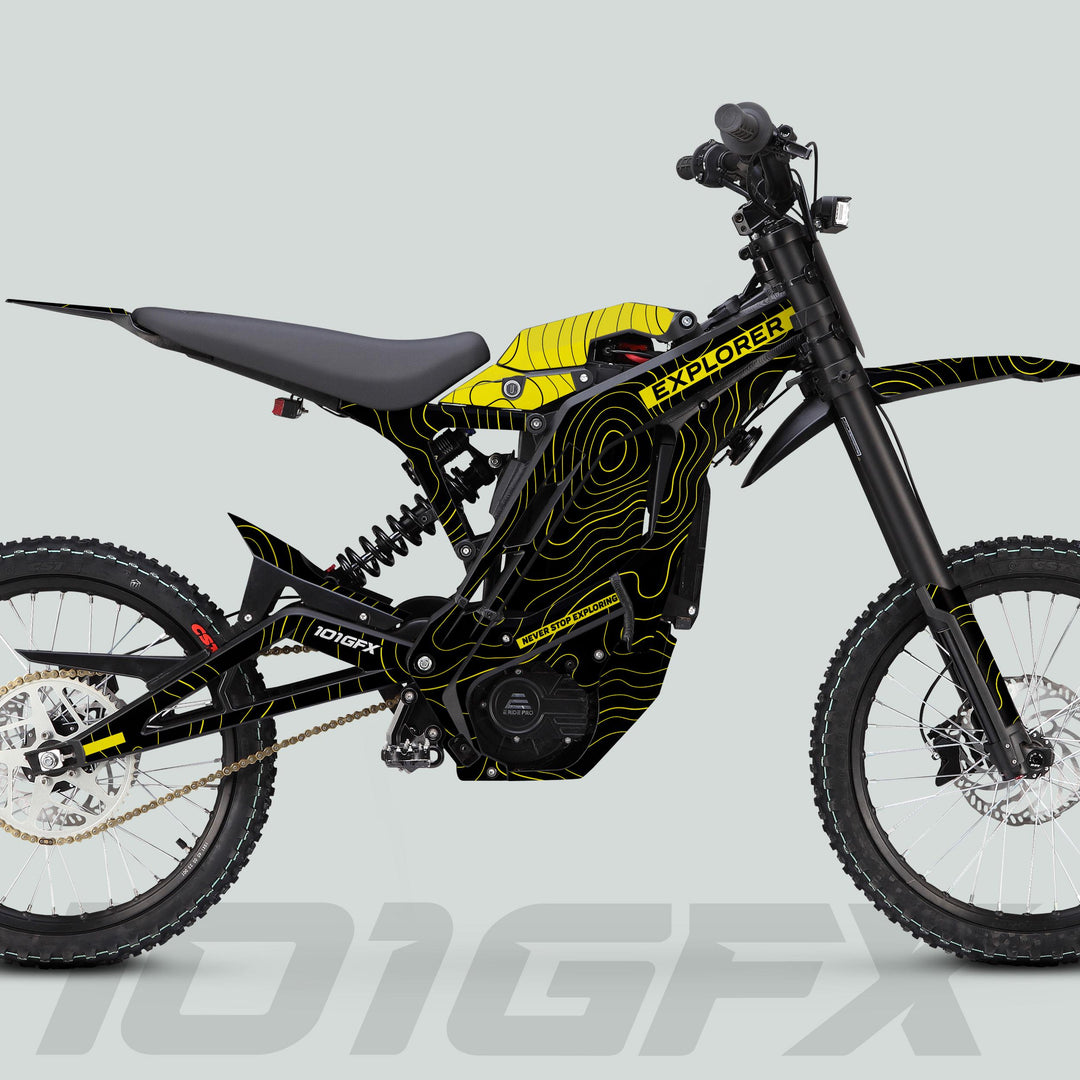 E Ride Pro SS Graphics Kit EXPLORER Black Yellow Decals Stickers Laminated ERide Pro S ss eBike Emoto e-ride