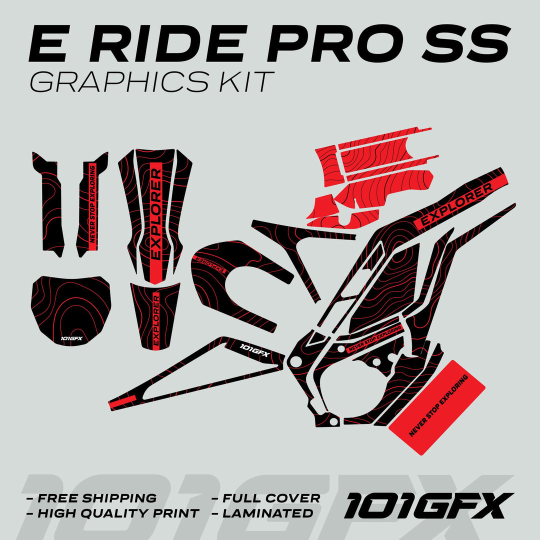 E Ride Pro SS Graphics Kit EXPLORER Black Red Decals Stickers Laminated ERide Pro S ss eBike Emoto e-ride
