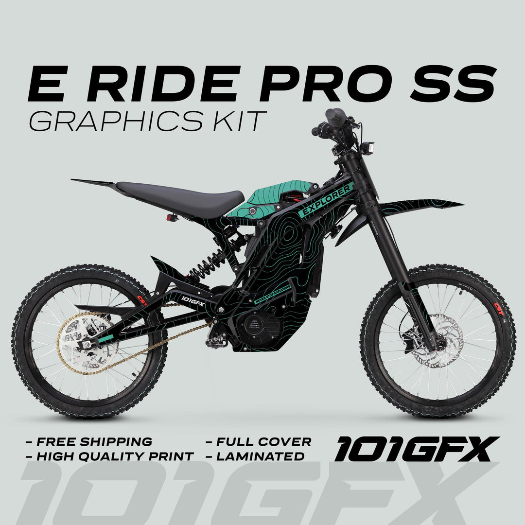 E Ride Pro SS Graphics Kit EXPLORER Black Mint Decals Stickers Laminated ERide Pro S ss eBike Emoto e-ride