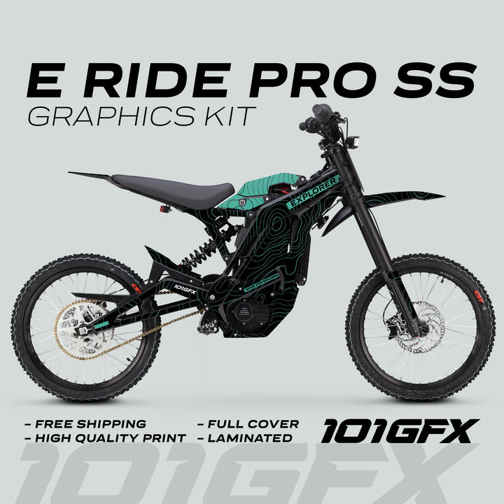 E Ride Pro SS Graphics Kit EXPLORER Black Mint Decals Stickers Laminated ERide Pro S ss eBike Emoto e-ride