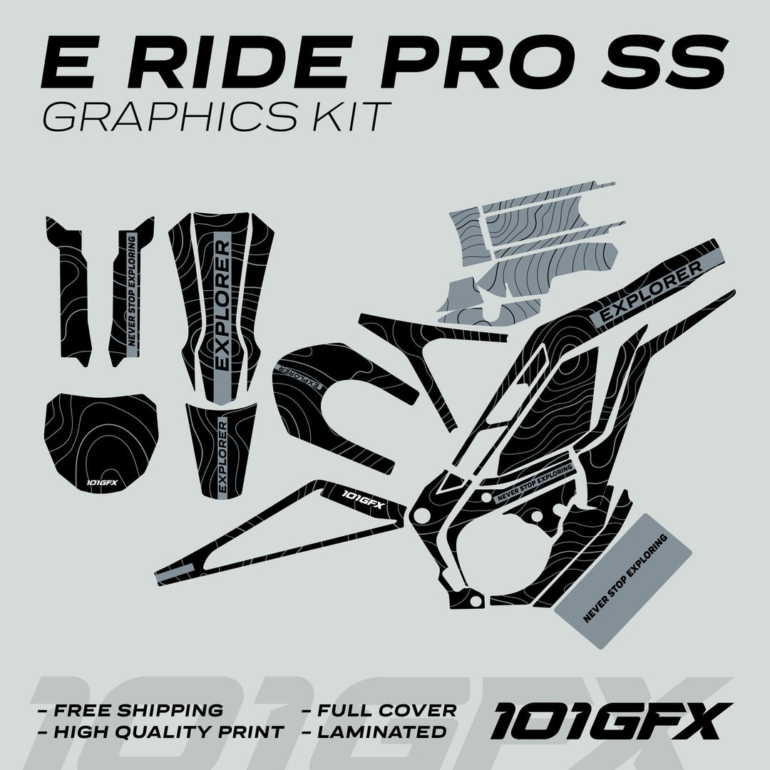 E Ride Pro SS Graphics Kit EXPLORER Black GreyDecals Stickers Laminated ERide Pro S ss eBike Emoto e-ride