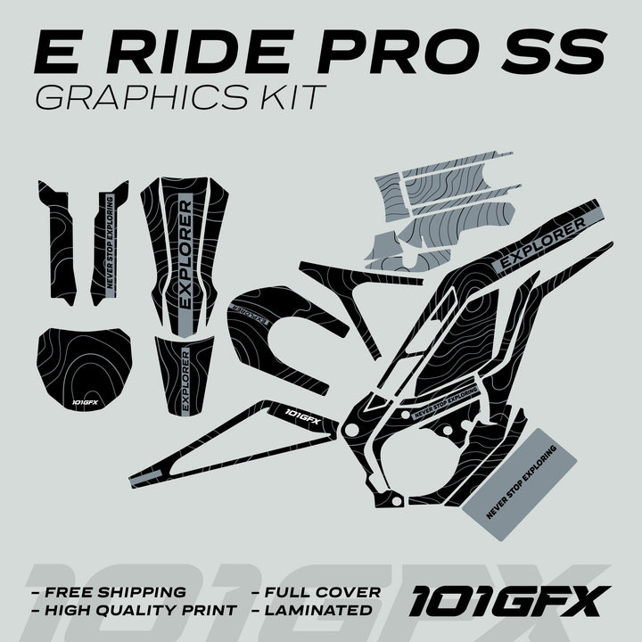 E Ride Pro SS Graphics Kit EXPLORER Black GreyDecals Stickers Laminated ERide Pro S ss eBike Emoto e-ride