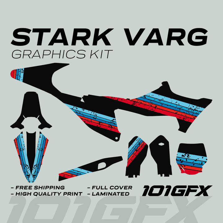 Stark Varg Graphics Kit RETRO BLUE RED Decals Stickers Laminated Retro Vintage Lines Stripes Emoto
