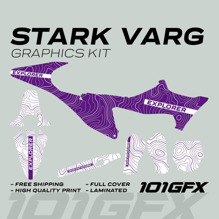 Stark Varg Graphics Kit EXPLORER PURPLE WHITE Decals Stickers Laminated Camo camouflage altitude explore Emoto
