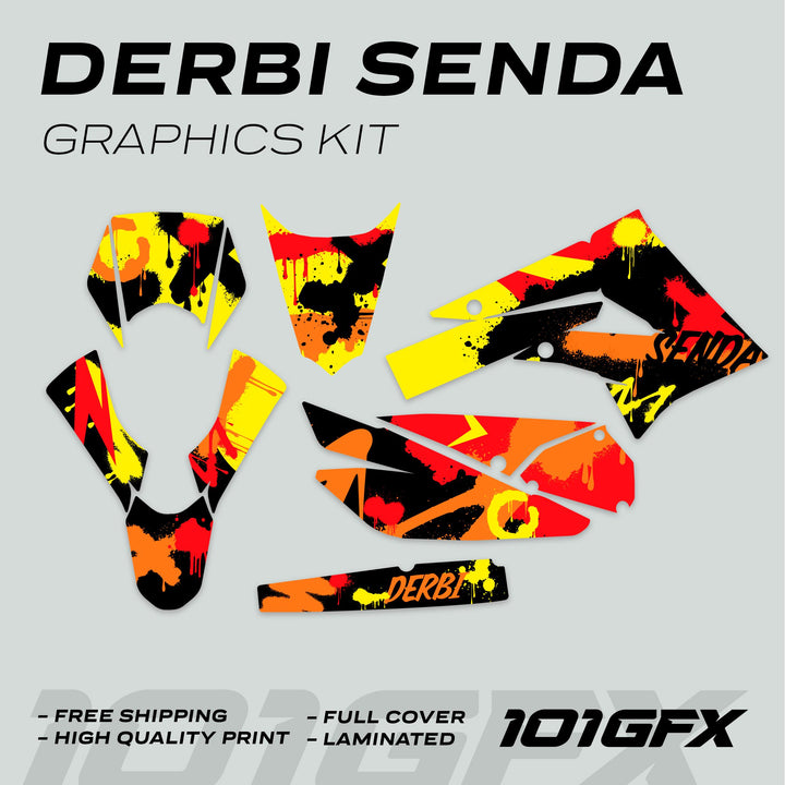 Derbi Senda Graphics Kit X-Treme 2011-2017 SPLASH RED ORANGE Decals set Stickers Laminated