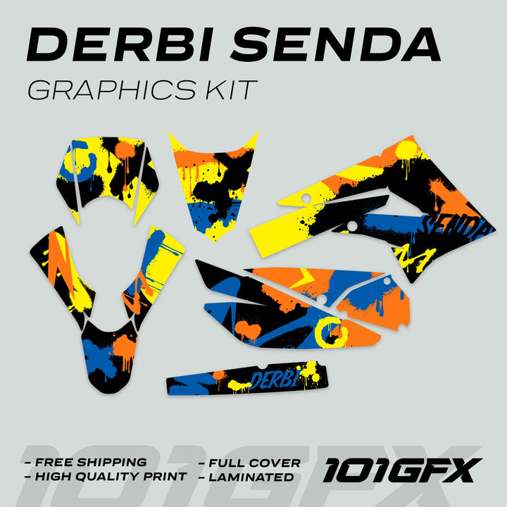 Derbi Senda Graphics Kit X-Treme 2011-2017 SPLASH BLUE ORANGE Decals set Stickers Laminated