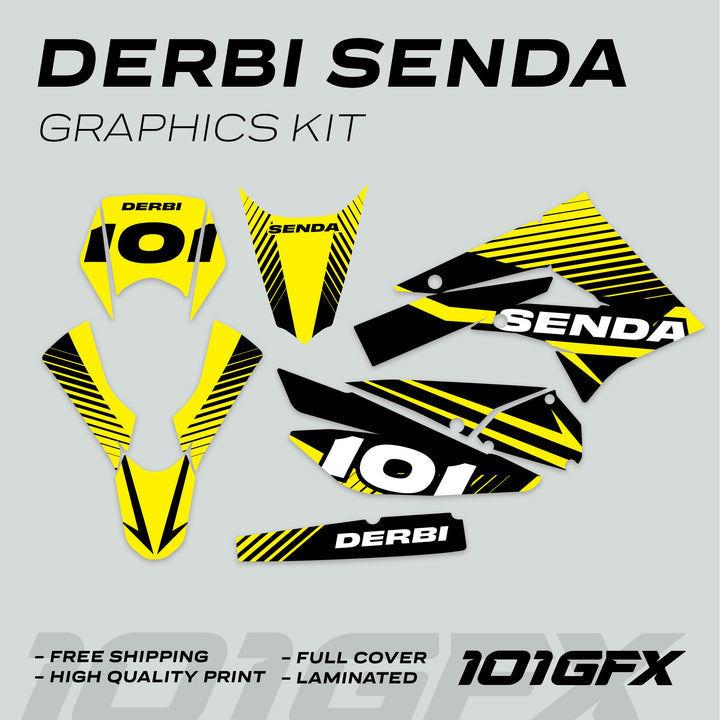 Derbi Senda Graphics Kit X-Treme 2011-2017 LINE SPACE Black Yellow Decals set Stickers Laminated