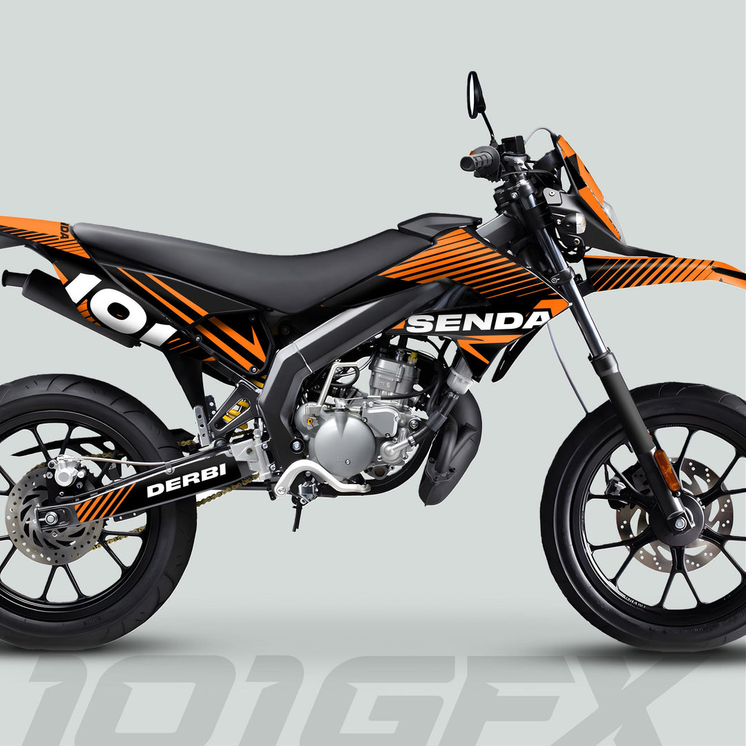 Derbi Senda Graphics Kit X-Treme 2011-2017 LINE SPACE Black Orange Decals set Stickers Laminated