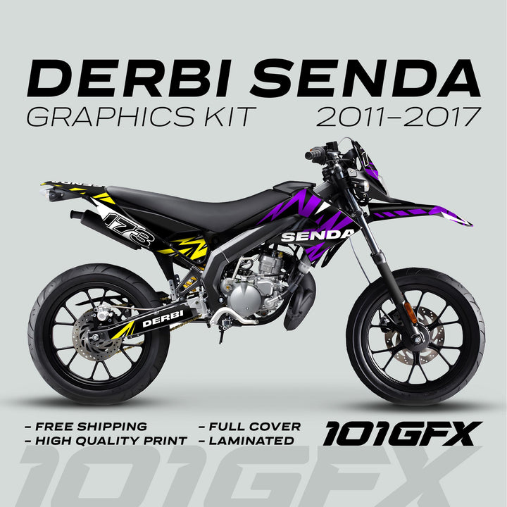 Derbi Senda Graphics Kit X-Treme 2011-2017 LIGHTNING PURPLE YELLOW Decals set Stickers Laminated