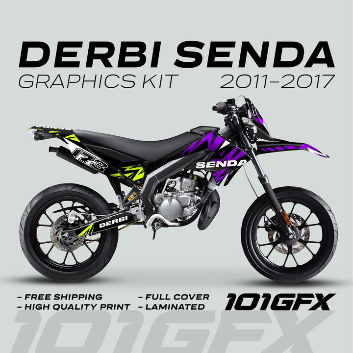 Derbi Senda Graphics Kit X-Treme 2011-2017 LIGHTNING PURPLE GREEN Decals set Stickers Laminated