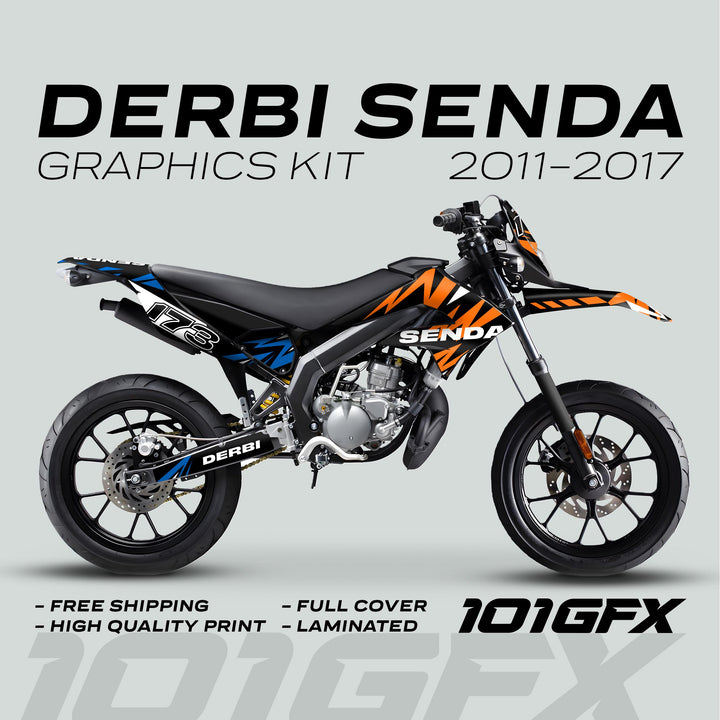 Derbi Senda Graphics Kit X-Treme 2011-2017 LIGHTNING ORANGE BLUE Decals set Stickers Laminated