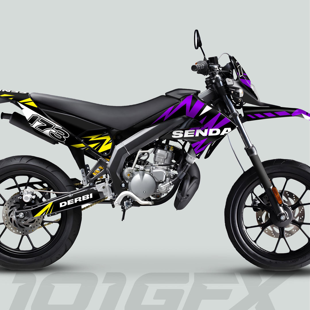 Derbi Senda Graphics Kit X-Treme 2011-2017 LIGHTNING PURPLE YELLOW Decals set Stickers Laminated