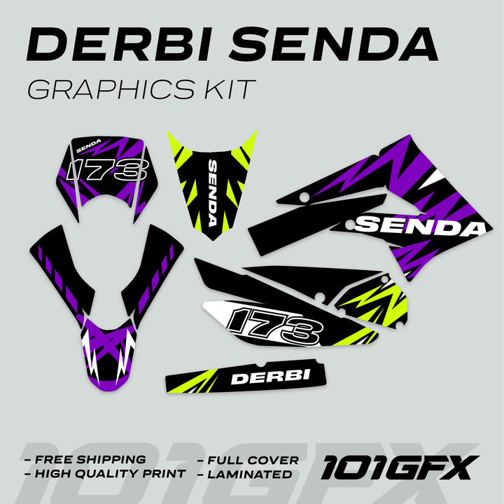 Derbi Senda Graphics Kit X-Treme 2011-2017 LIGHTNING PURPLE GREEN Decals set Stickers Laminated
