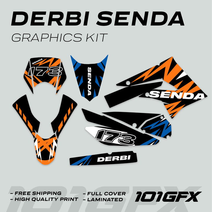 Derbi Senda Graphics Kit X-Treme 2011-2017 LIGHTNING ORANGE BLUE Decals set Stickers Laminated