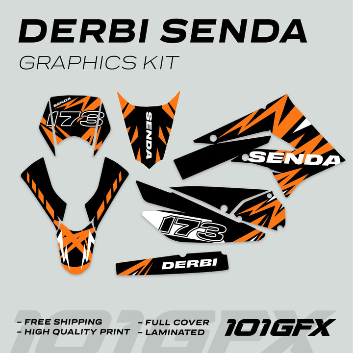 Derbi Senda Graphics Kit X-Treme 2011-2017 LIGHTNING BLACK ORANGE Decals set Stickers Laminated