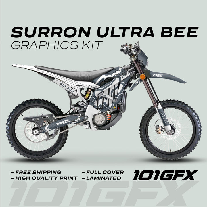 Surron Ultra Bee Graphics Kit FOX STRIPES Grey White Decals Stickers Laminated Fox Racing eBike Sur-Ron Ultra Decals Wrap Protection