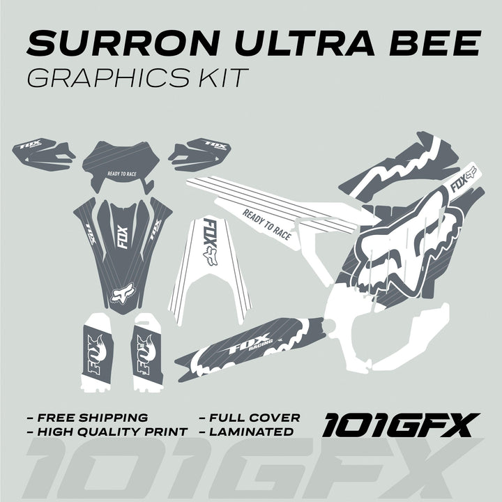 Surron Ultra Bee Graphics Kit FOX STRIPES Grey White Decals Stickers Laminated Fox Racing eBike Sur-Ron Ultra Decals Wrap Protection