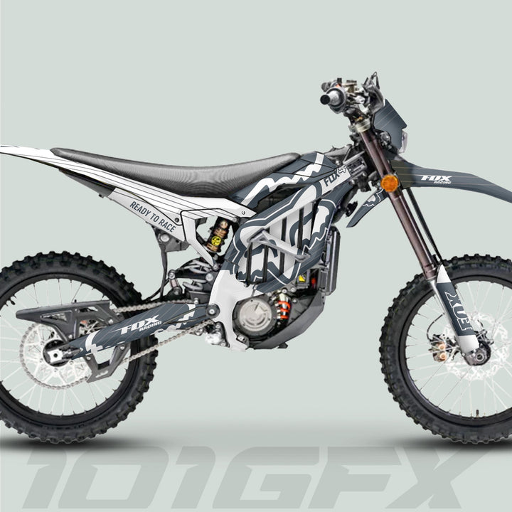 Surron Ultra Bee Graphics Kit FOX STRIPES Grey White Decals Stickers Laminated Fox Racing eBike Sur-Ron Ultra Decals Wrap Protection