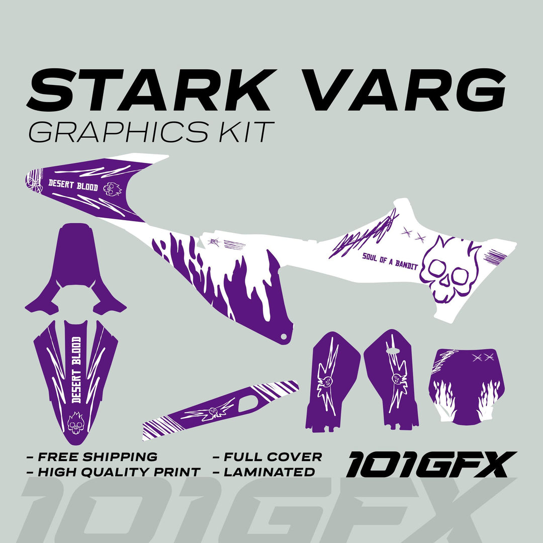 Stark Varg Graphics Kit SOUL FLAME White Purple Decals Stickers Laminated Skull Grunge Burn Emoto