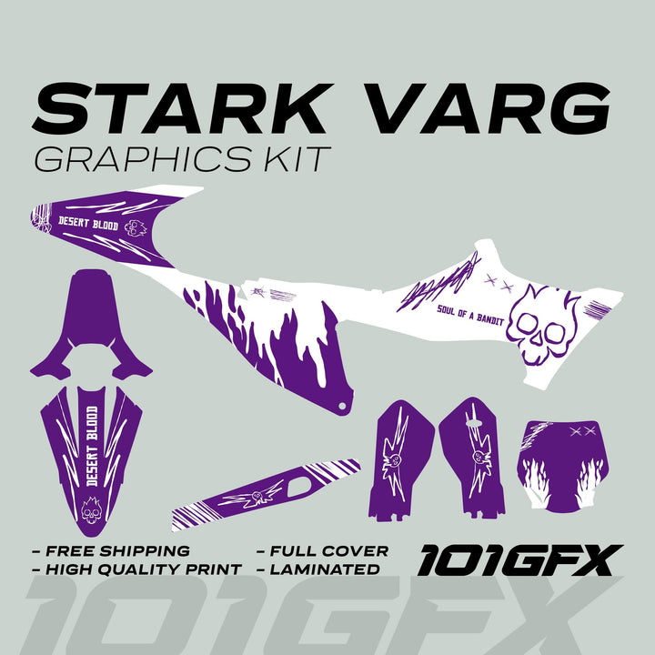 Stark Varg Graphics Kit SOUL FLAME White Purple Decals Stickers Laminated Skull Grunge Burn Emoto