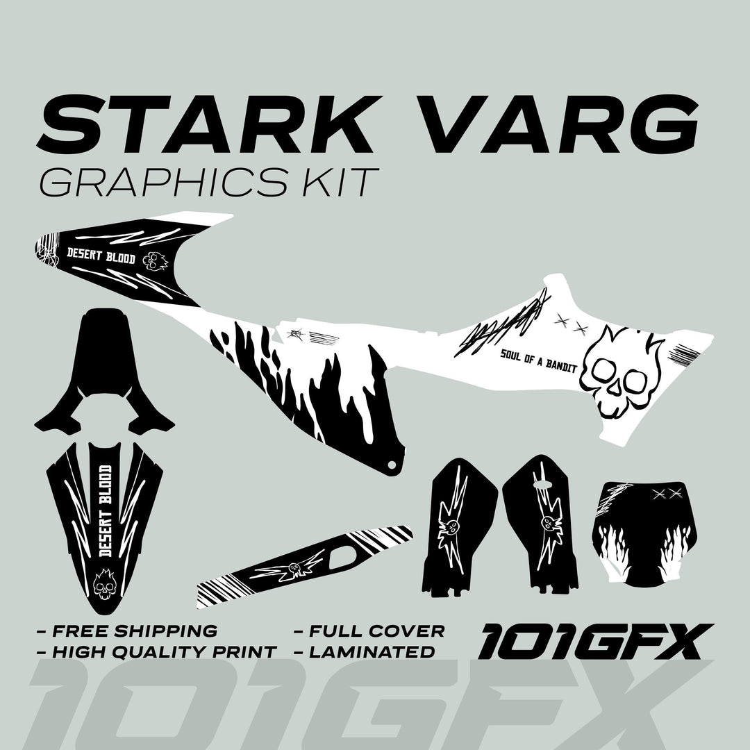 Stark Varg Graphics Kit SOUL FLAME White Black Decals Stickers Laminated Skull Grunge Burn Emoto