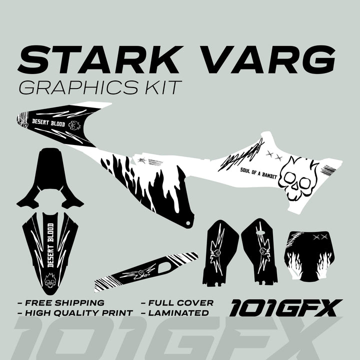 Stark Varg Graphics Kit SOUL FLAME White Black Decals Stickers Laminated Skull Grunge Burn Emoto