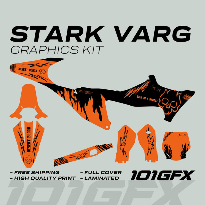 Stark Varg Graphics Kit SOUL FLAME Black Orange Decals Stickers Laminated Skull Grunge Burn Emoto