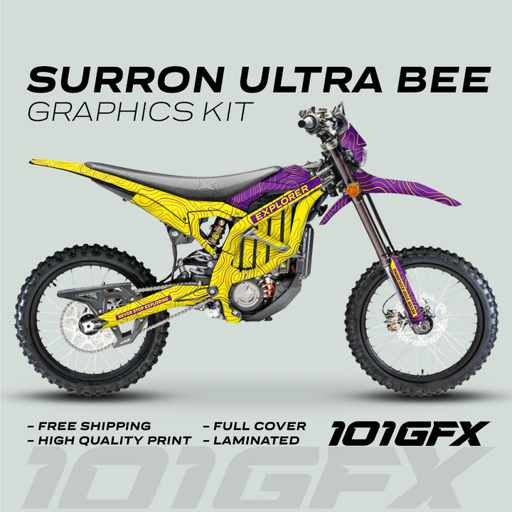 Surron Ultra Bee Graphics Kit EXPLORER YELLOW PURPLE Explore Altitude Decals Stickers Laminated eBike Sur-Ron Ultra Decals Wrap Protection