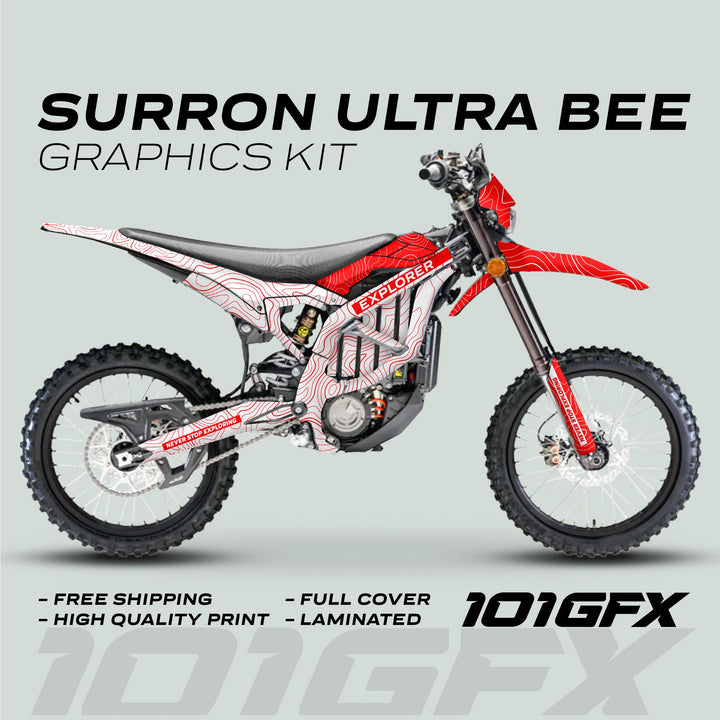 Surron Ultra Bee Graphics Kit EXPLORER WHITE RED Explore Altitude Decals Stickers Laminated eBike Sur-Ron Ultra Decals Wrap Protection