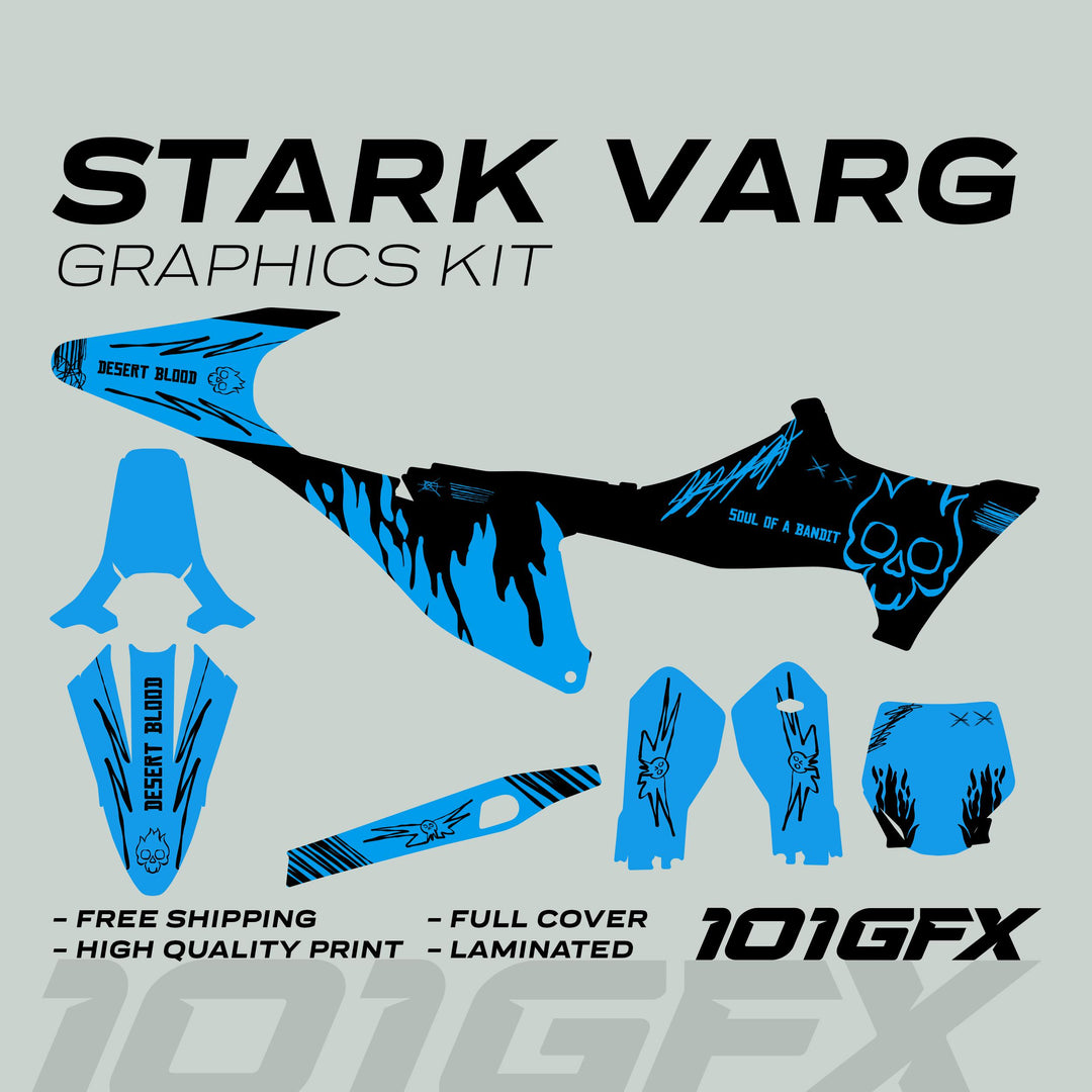 Stark Varg Graphics Kit SOUL FLAME Black Cyan Decals Stickers Laminated Skull Grunge Burn Emoto