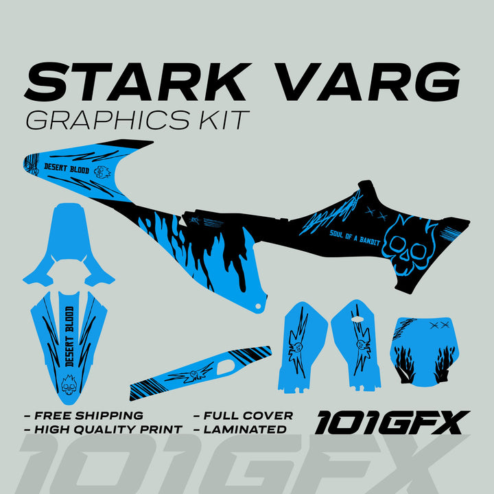 Stark Varg Graphics Kit SOUL FLAME Black Cyan Decals Stickers Laminated Skull Grunge Burn Emoto
