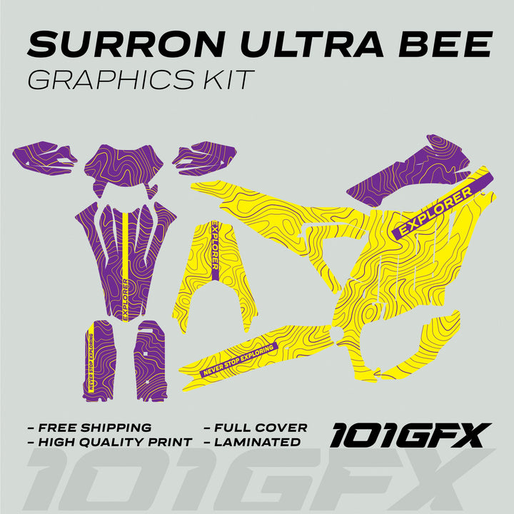 Surron Ultra Bee Graphics Kit EXPLORER YELLOW PURPLE Explore Altitude Decals Stickers Laminated eBike Sur-Ron Ultra Decals Wrap Protection