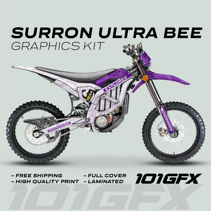 Surron Ultra Bee Graphics Kit EXPLORER WHITE PURPLE Explore Altitude Decals Stickers Laminated eBike Sur-Ron Ultra Decals Wrap Protection