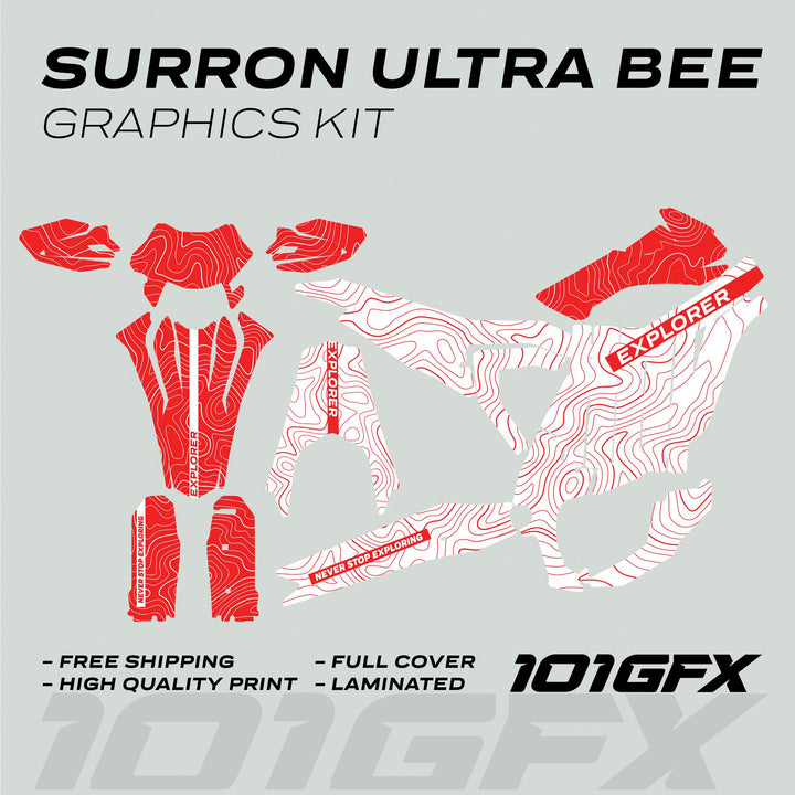 Surron Ultra Bee Graphics Kit EXPLORER WHITE RED Explore Altitude Decals Stickers Laminated eBike Sur-Ron Ultra Decals Wrap Protection